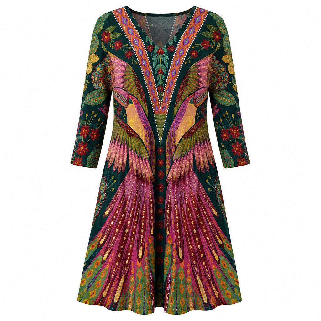 Women's printed V-neck draped long-sleeve blouse, multicolor leaf and floral pattern