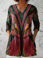 Women's V-neck printed three-quarter-sleeve blouse, multicolor decorative motif