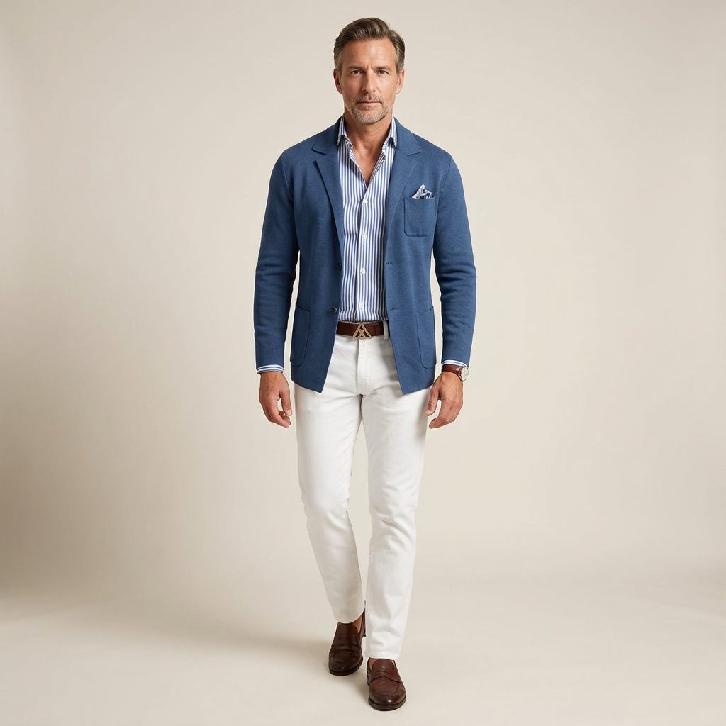 Men's tailored blazer in blue with notch lapels, breast pocket, and two-button front