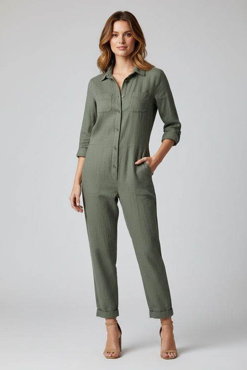 Women's Black Jumpsuit | Cotton-Linen Blend, Ankle-Length
