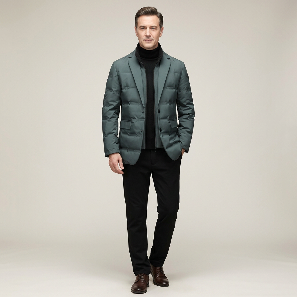 Men's dark green insulated softshell jacket with button front and flap pockets