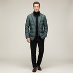 Men's dark green insulated softshell jacket with button front and flap pockets