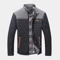 Two-tone quilted designer jacket with stand collar, plaid lining, front zip