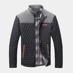 Two-tone quilted designer jacket with stand collar, plaid lining, front zip