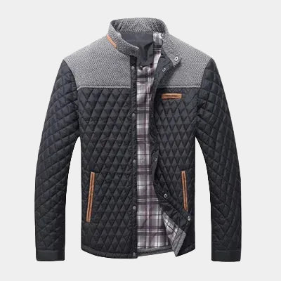 Two-tone quilted designer jacket with stand collar, plaid lining, front zip