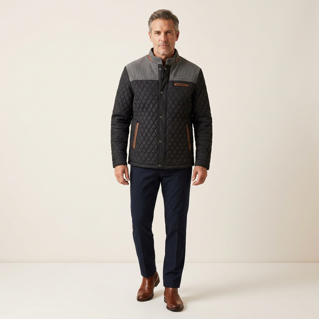 Men's classic quilted jacket, dark grey with button front and stand collar