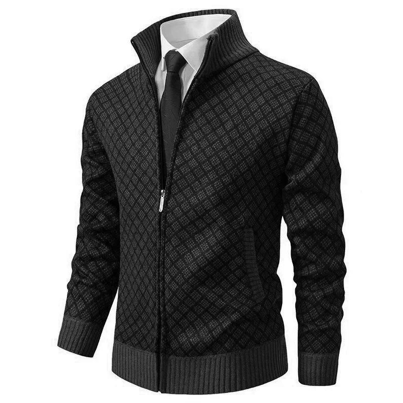 Black patterned zip-up knit jacket with stand collar and ribbed cuffs