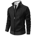 Black patterned zip-up knit jacket with stand collar and ribbed cuffs
