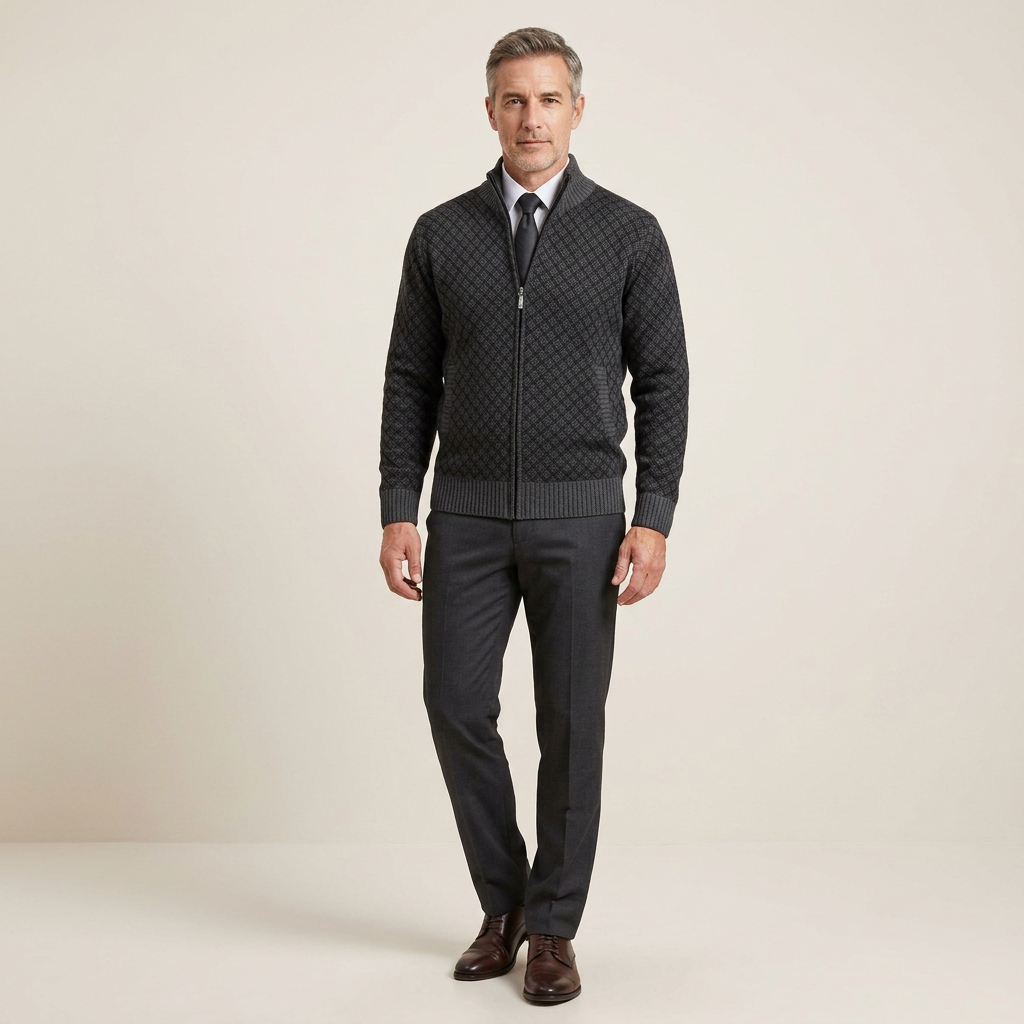 Men's black quilted knit jacket with textured pattern, full-zip front, ribbed collar and cuffs