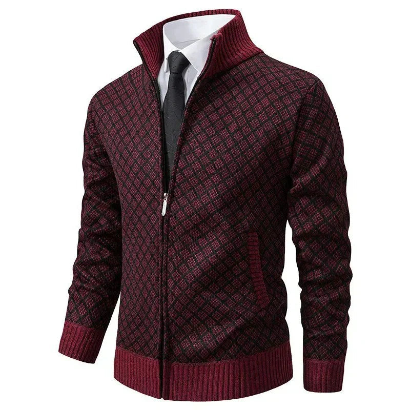 Burgundy patterned zip-up knit jacket with stand collar and ribbed hem