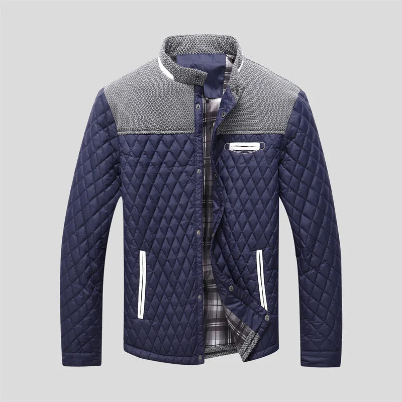 Dark blue quilted designer jacket with gray stand collar, plaid lining, front zipper