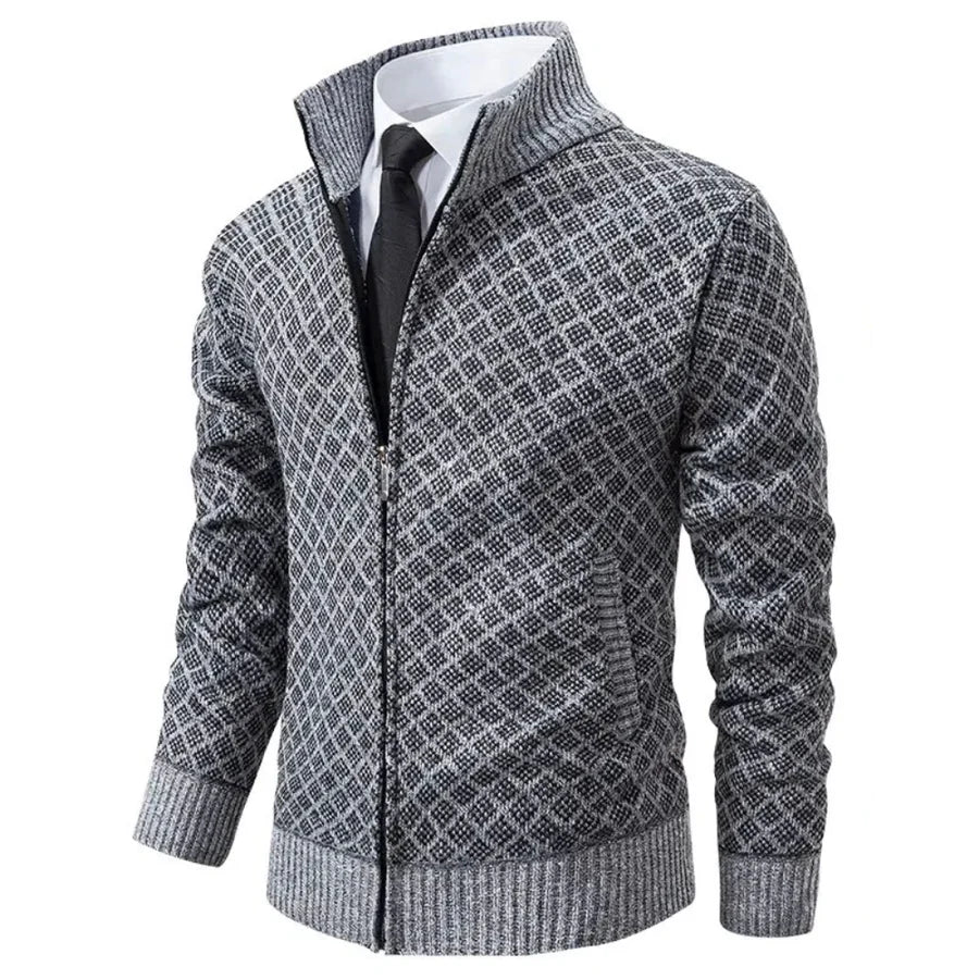 Gray patterned zip-up knit jacket with stand collar and ribbed cuffs