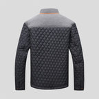 Back view quilted designer jacket with diamond pattern, gray upper panel