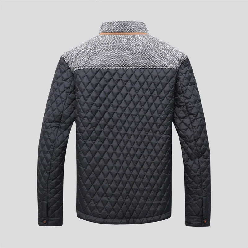 Back view quilted designer jacket with diamond pattern, gray upper panel