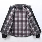 Quilted designer jacket open view with plaid inner lining, stand collar, snap cuffs