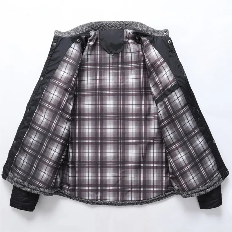 Quilted designer jacket open view with plaid inner lining, stand collar, snap cuffs