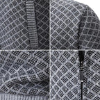 Gray patterned knit jacket close-up: stand collar, zipper, and textured fabric