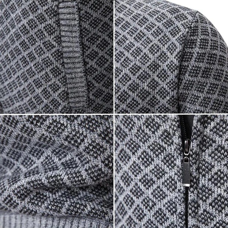 Gray patterned knit jacket close-up: stand collar, zipper, and textured fabric