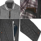 Quilted jacket details: textured collar, plaid lining, snap buttons, zipper pull