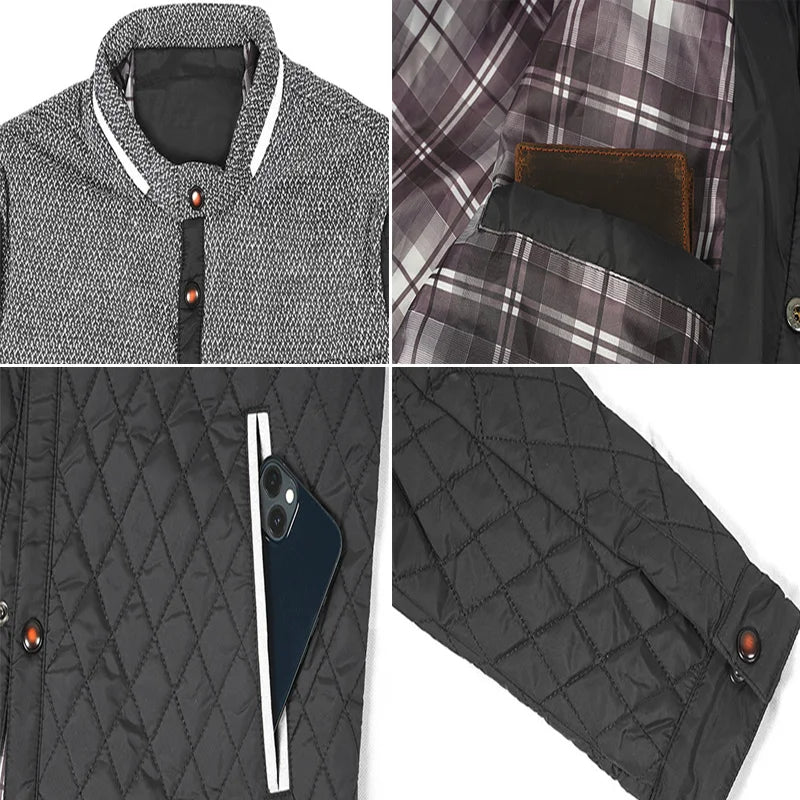 Quilted jacket details: textured collar, plaid lining, snap buttons, zipper pull