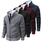 Assorted patterned zip-up knit jackets: gray, black, blue, and burgundy