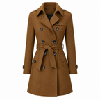 Brown double-breasted belted coat with peaked lapels, long sleeves, and mid-thigh hem