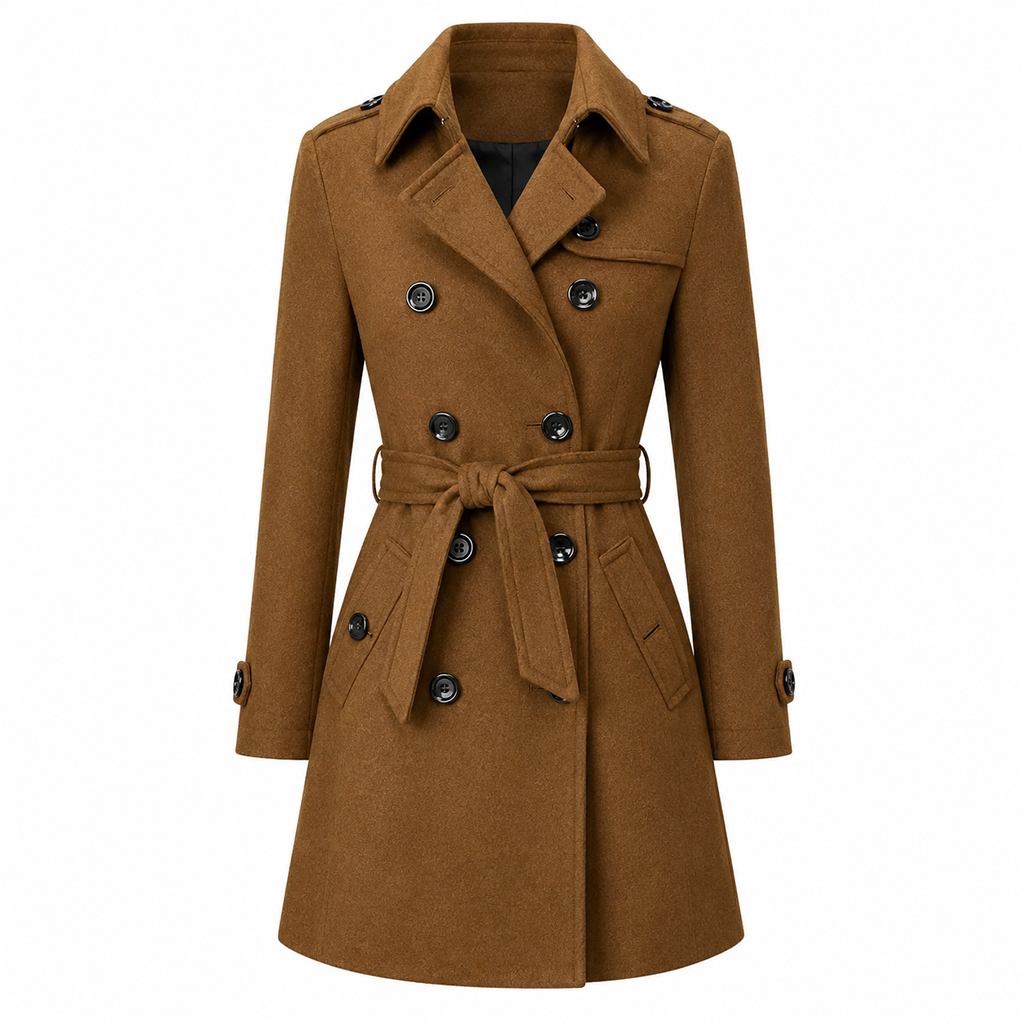 Brown double-breasted belted coat with peaked lapels, long sleeves, and mid-thigh hem