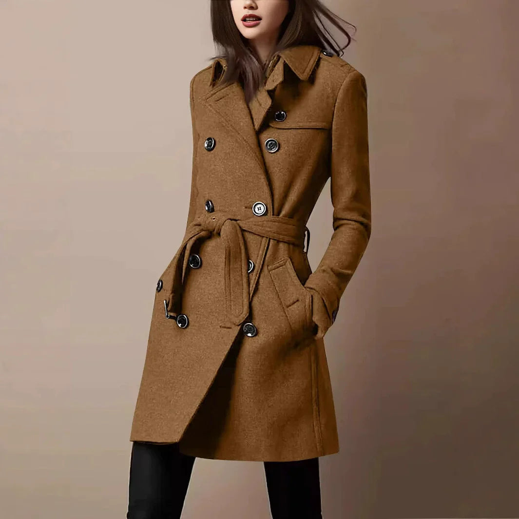 Brown double-breasted belted wool coat with peaked lapels and mid-thigh length, buttoned