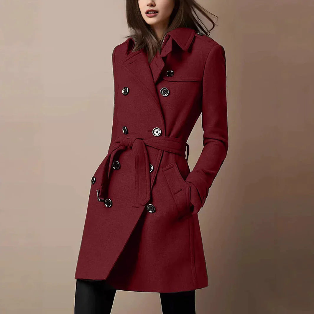 Women’s sleek slim-fit double-breasted belted coat, red, notched collar, button front