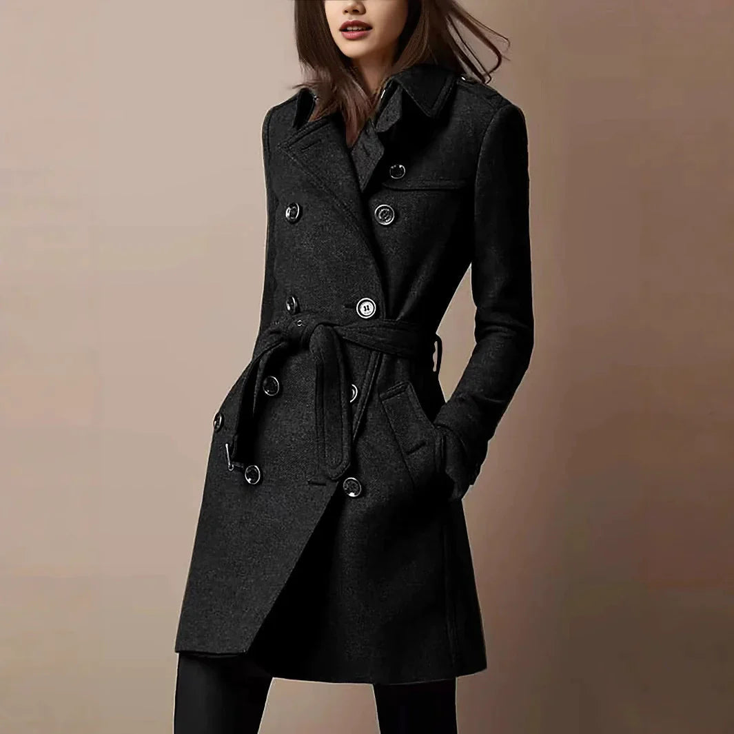 Women’s sleek slim-fit double-breasted belted coat, dark, notched collar, button front