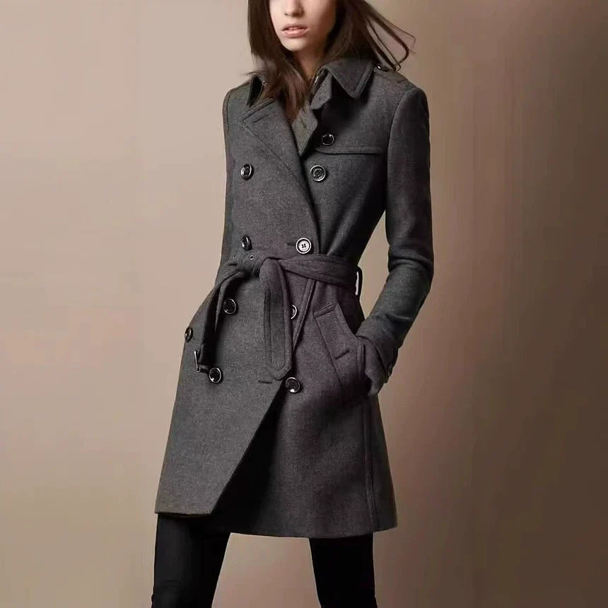 Women’s sleek slim-fit double-breasted belted coat, gray, notched collar, button front