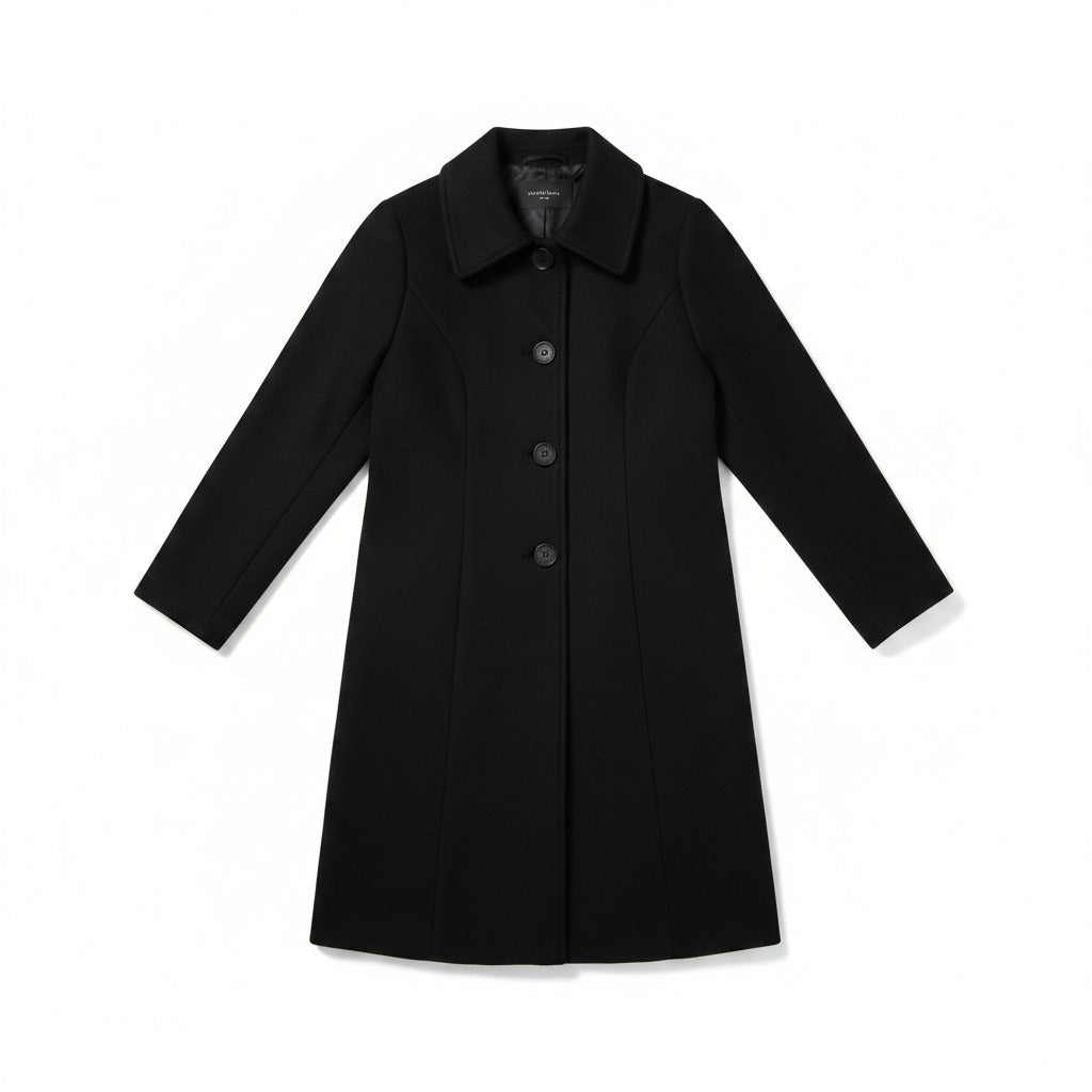 Black women’s structured midi coat with notch collar and double-breasted button front