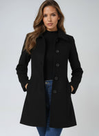 Black women’s sleek midi coat with notch collar and double-breasted buttons