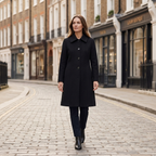 Black structured midi coat, single-breasted with button front and pointed collar, regular fit