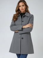 Gray women’s structured midi coat with notch collar and double-breasted button closure