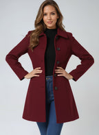 Dark red women’s midi coat with notch collar and double-breasted button front