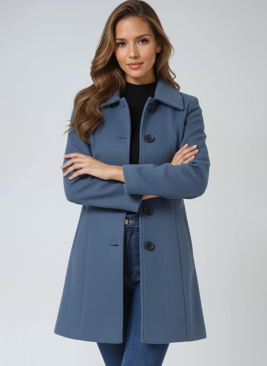 Light blue women’s midi coat with notch collar and double-breasted button front
