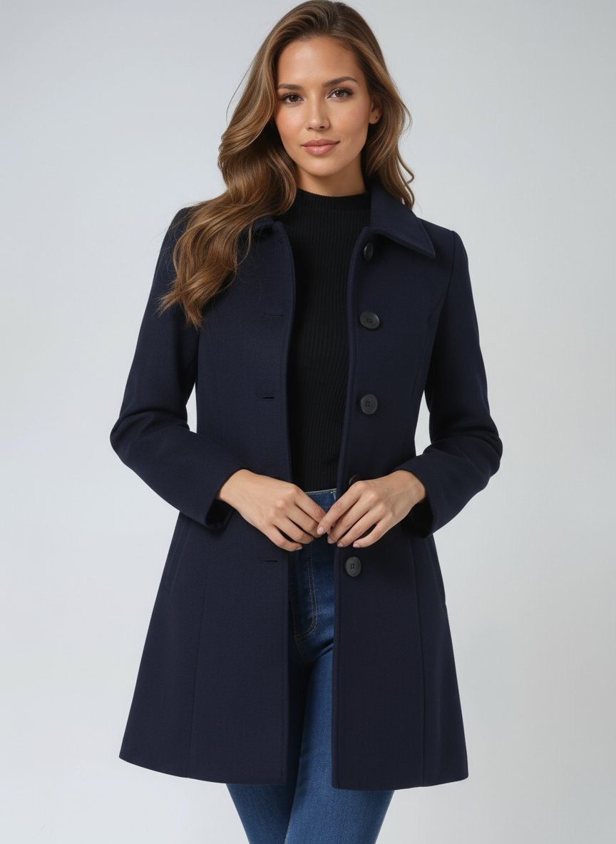 Dark blue women’s structured midi coat with notch collar and double-breasted buttons