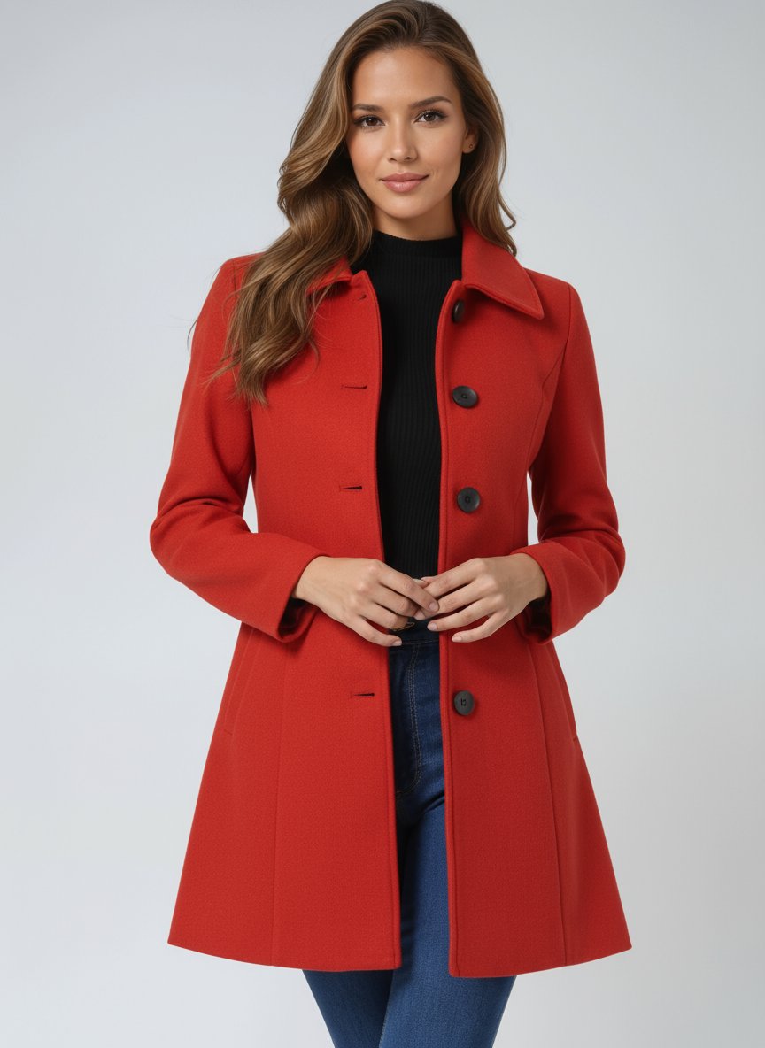 Red women’s midi coat with notch collar and double-breasted button front