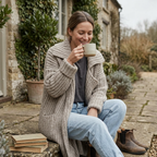 Grey chunky rib knit longline open-front cardigan with notched lapel and oversized fit