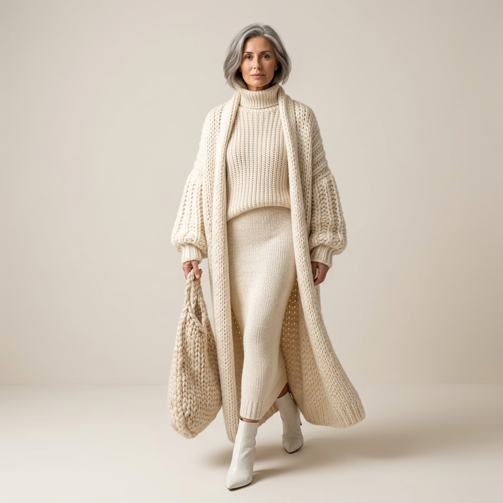 Women's oversized chunky knit longline cardigan, beige, long sleeves and open front