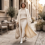 Beige oversized chunky openwork knit longline cardigan, open front, draped maxi length