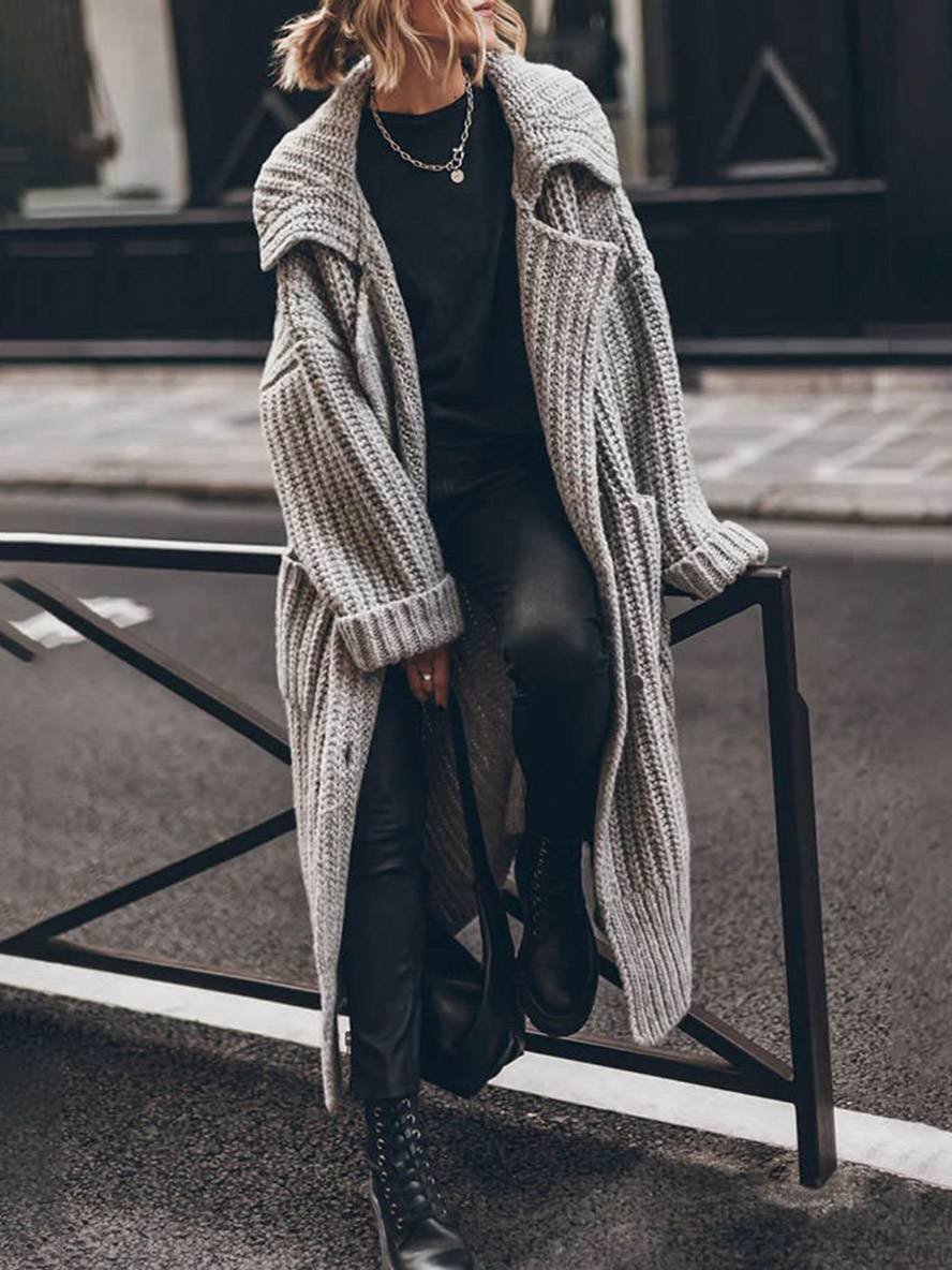 Grey chunky rib-knit longline cardigan, open front, large pockets, textured knit sleeves