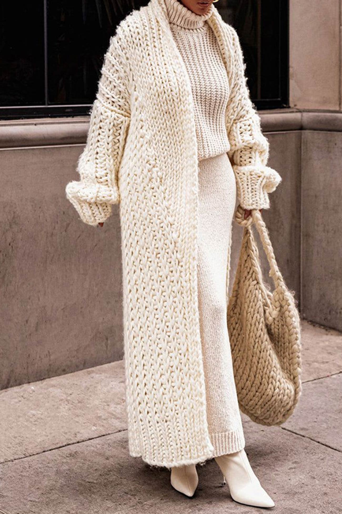 Oversized longline chunky knit cardigan, beige, open front with ribbed cuffs