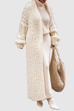 Oversized longline chunky knit cardigan, beige, textured knit and long drop sleeves