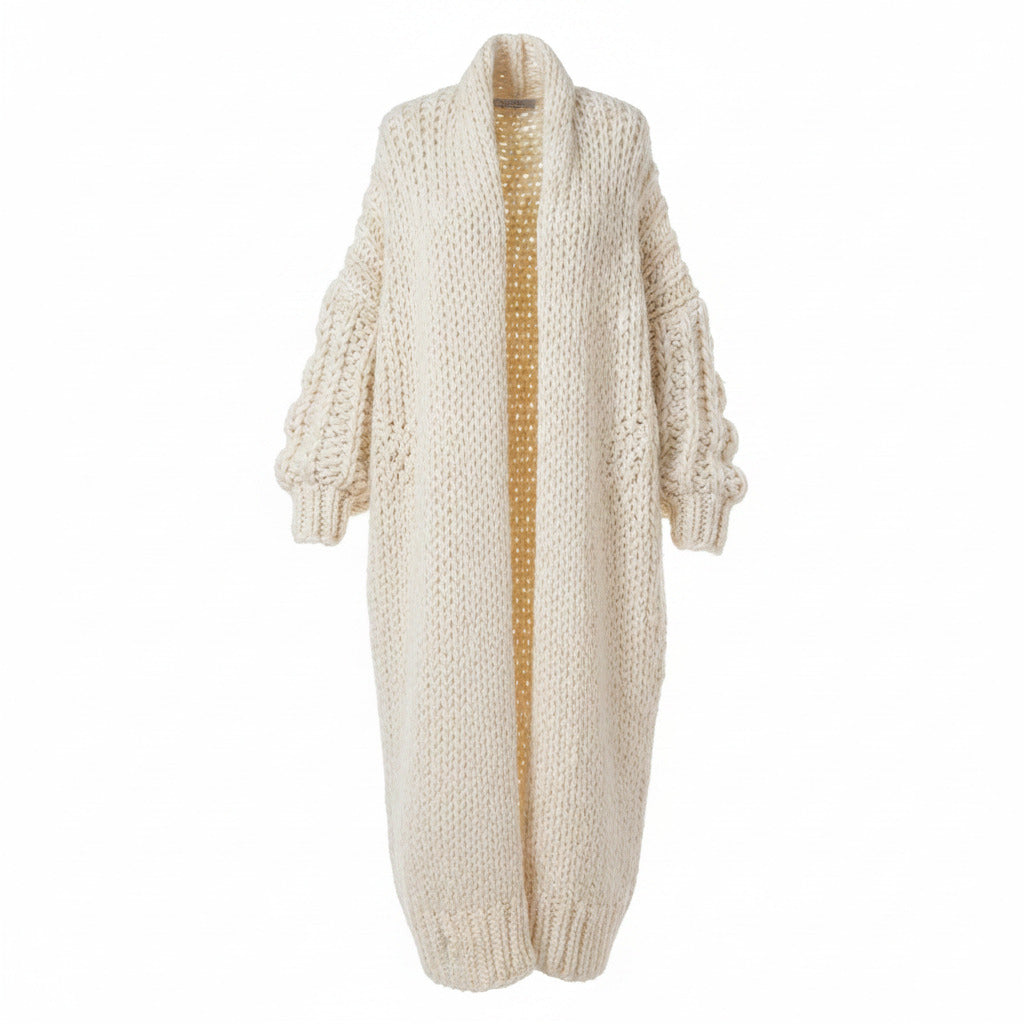 Oversized longline chunky knit cardigan, beige, draped open front and thick ribbed hem