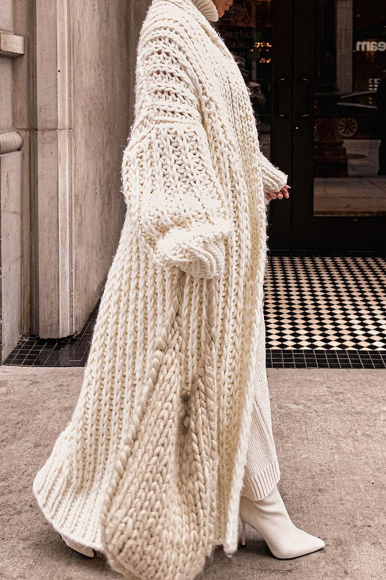 Oversized longline chunky knit cardigan, beige, chunky cable knit texture and open front