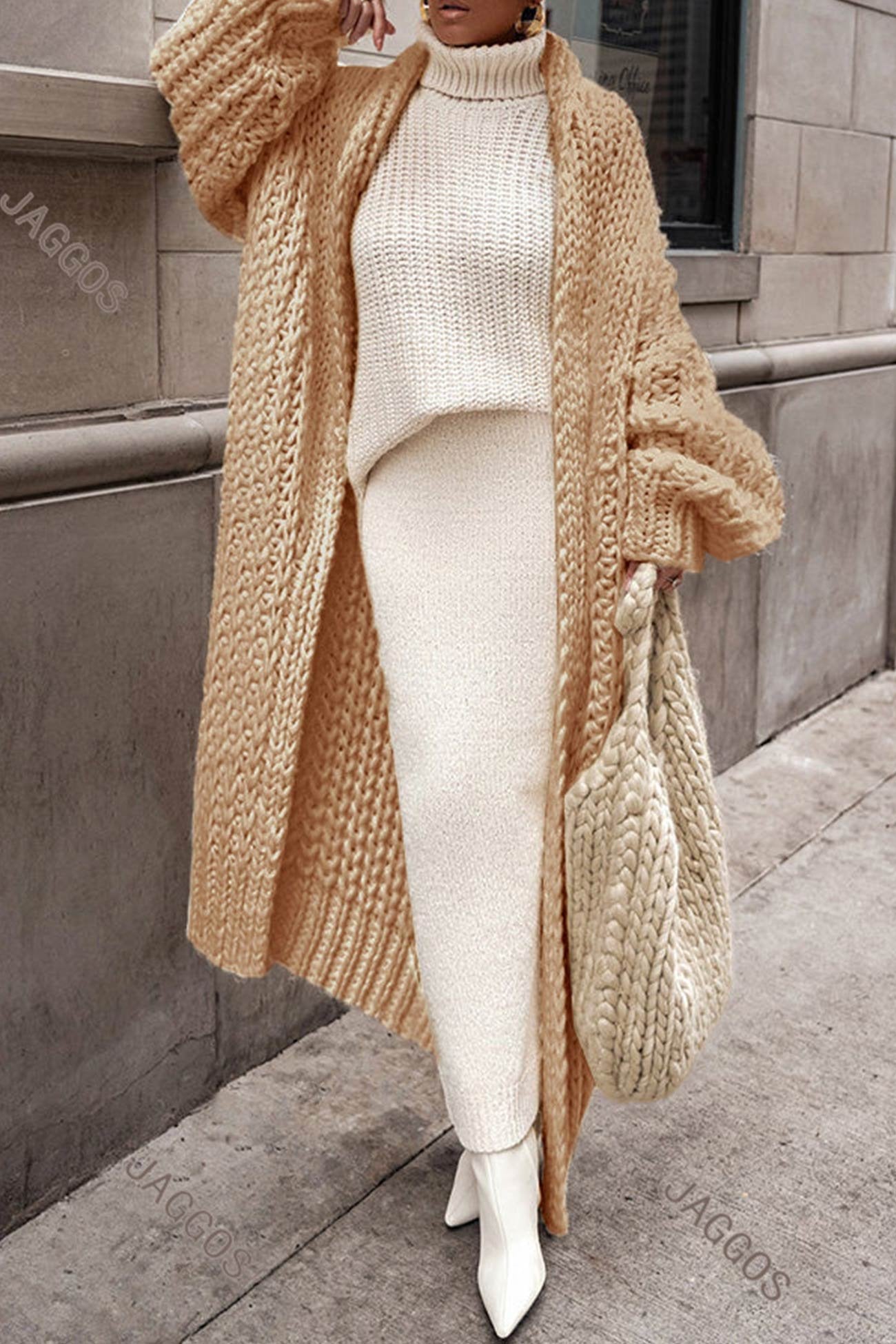 Oversized longline chunky knit cardigan, brown, cable-texture knit with open front