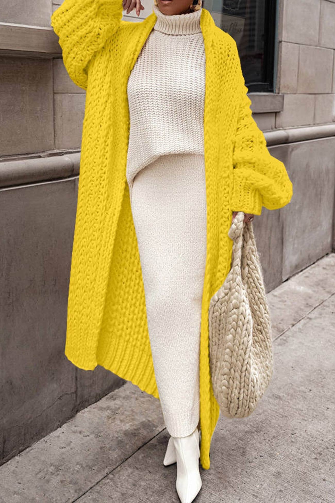 Oversized longline chunky knit cardigan, yellow, open front with ribbed cuffs