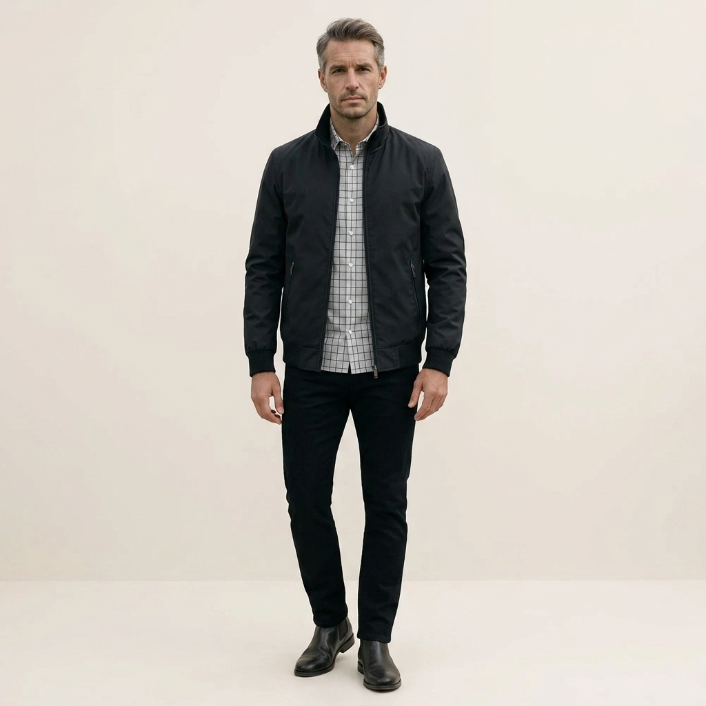 Men's black zip-up windbreaker jacket, modern fit with stand collar